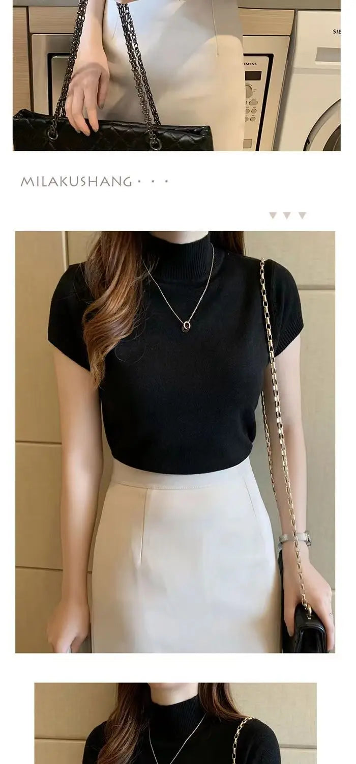 Womens Tops And Blouses Summer Short Sleeve Blouse Women Blusas Mujer De Moda 2023 Turtleneck Knitted Blouse Shirt Tops