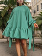Simple Ruffles Hem Mini Dresses for Women 2026 Spring Loose Casual Stand Neck Lace Up Sleeve Solid Color Pullover Dress 184515