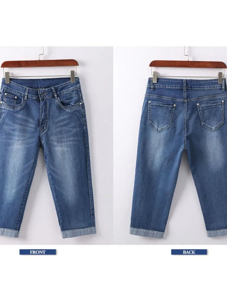 Summer Woman's Jeans Cropped Jeans Ladies Cropped Trousers Skinny Knee Length Jeans Women Elastic High Waist Mom Jeans Oversize