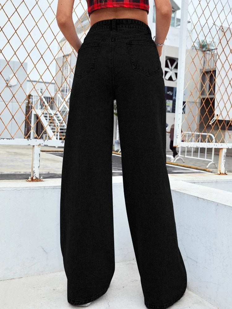 New in Jeans Women Straight Pants Washing High Waist Loose Pockets Basics Ankle Length Blue Denim Pants Streetwear Slight Strech
