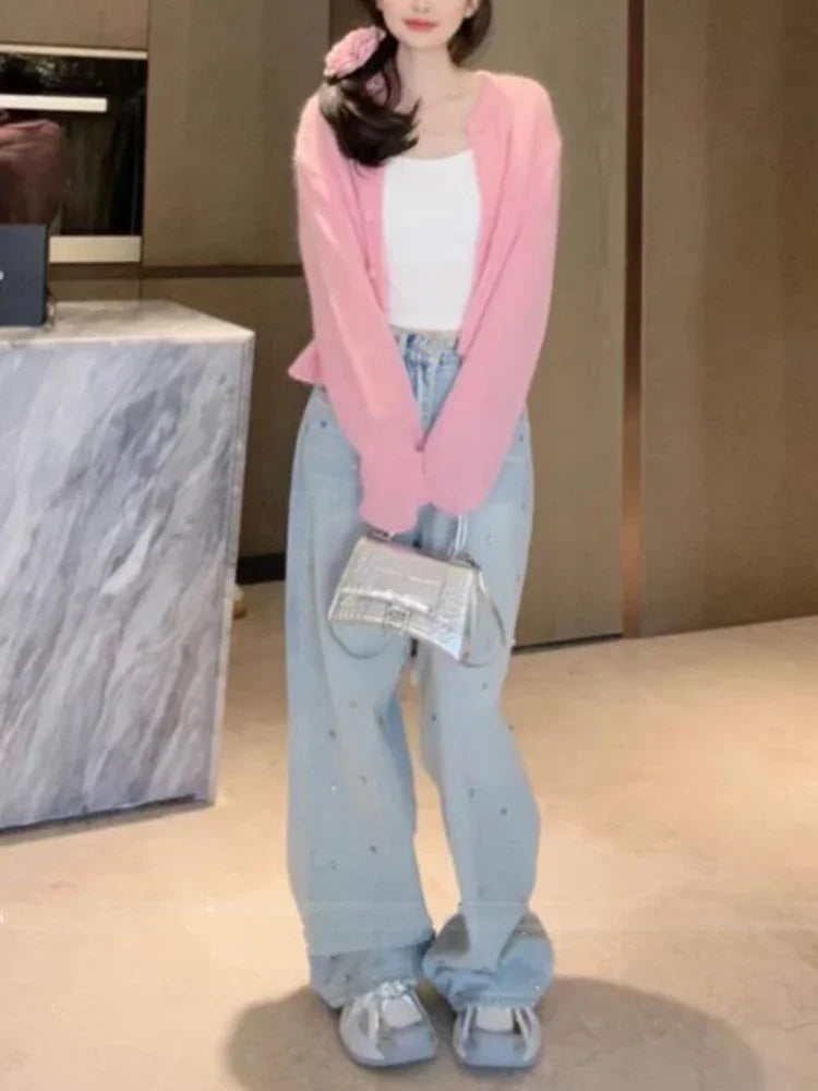 Fashion Street Casual Loose Woman Jeans Light Blue High Waist Basic Straight Pants Female Chicly Y2k New Slim Women Jeans