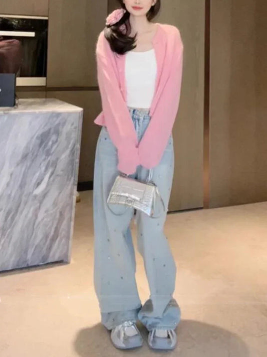 Fashion Street Casual Loose Woman Jeans Light Blue High Waist Basic Straight Pants Female Chicly Y2k New Slim Women Jeans