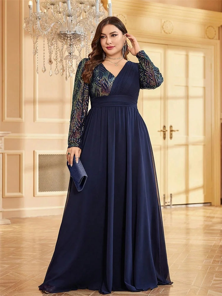 Plus Size Luxury Chiffon Long Sleeve Evening Dresses Women Sequin Red Wedding Party Cocktail Prom Floor Lenght Gowns