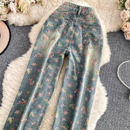 Women's Fashion Floral Print Denim Pants Colorful Flower Wide Leg Trousers Female Spring Autumn Versatile High Waist Blue Jeans