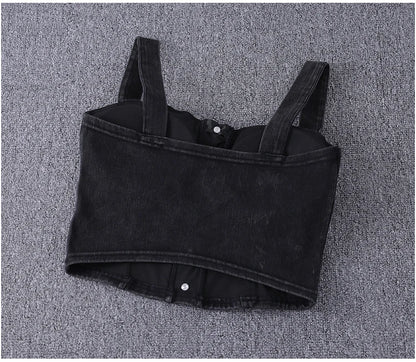 women's clothing sexy Tops For Women crop top fashion button front shirred detail denim top