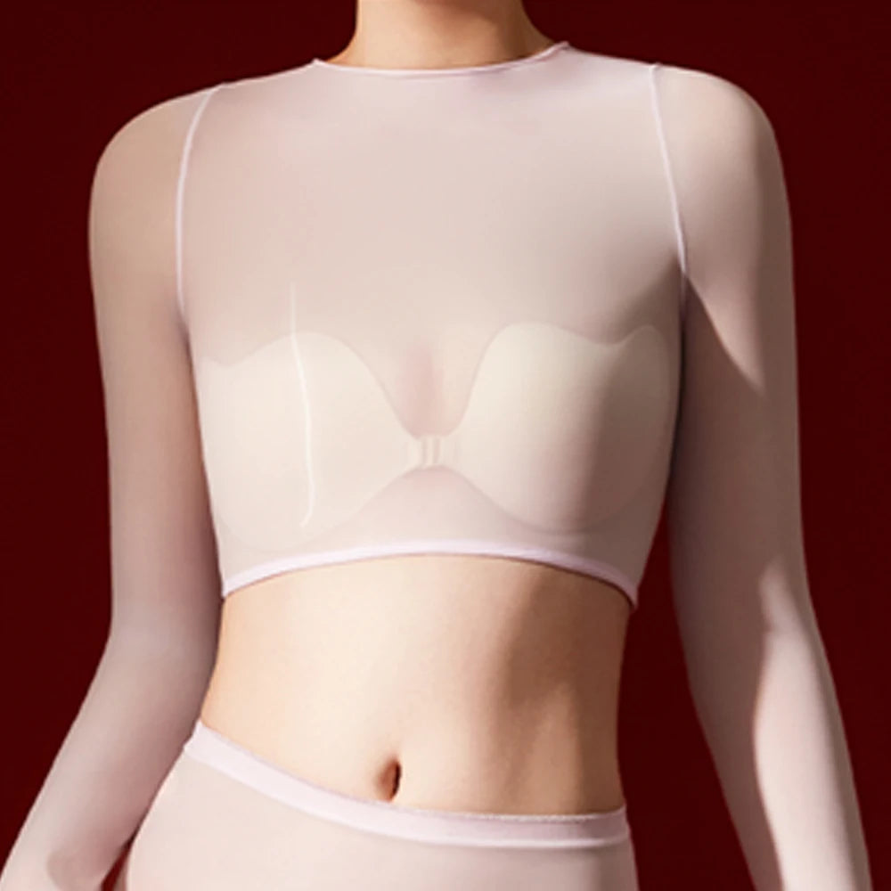 Sexy Women 5D 912 Pin Glove Sleeve Short Top Elastic T-shirt Sheer See Through Maid Tights Oil Glossy Shiny Crop Tops Yoga Wear