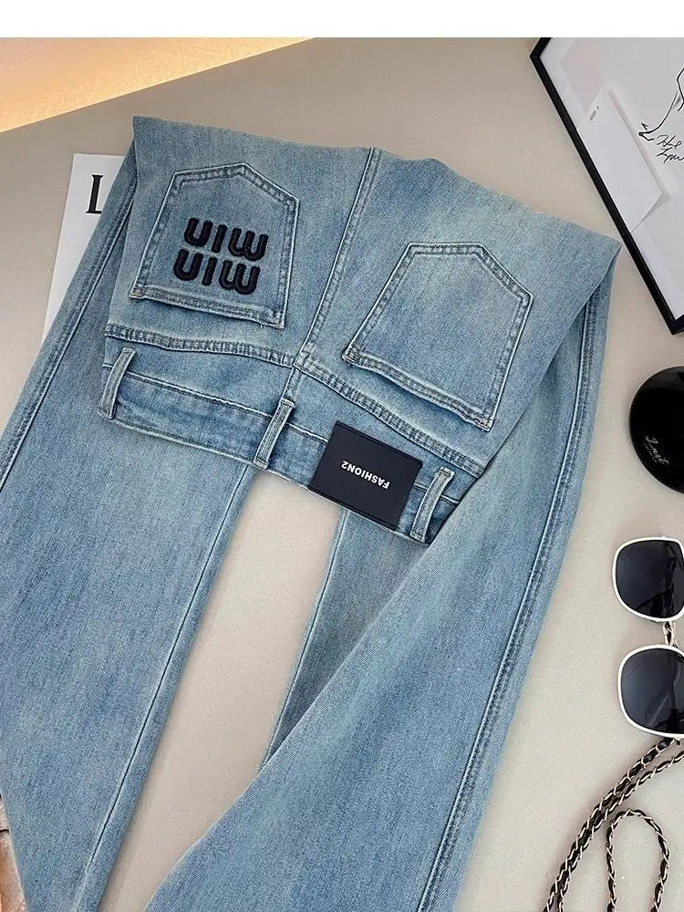 Letter Embroidered Straight-leg Jeans Women's Spring New High-waisted and Thin Loose Light Blue Straight-leg Pants