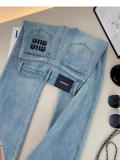 Letter Embroidered Straight-leg Jeans Women's Spring New High-waisted and Thin Loose Light Blue Straight-leg Pants