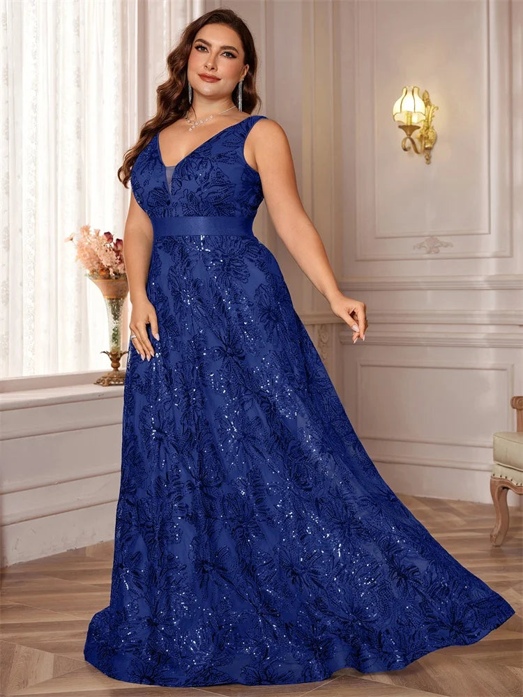 Plus Size Luxury Deep V-Neck Sequins Blue Evening Dress Women Elegant V-back Wedding Party Long Prom Cocktail Dresses