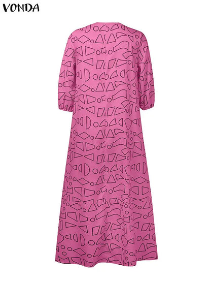 VONDA Plus Size Ruffled Women Bohemian Vestidos Autumn Long Maxi Robe Print Party Elegant 3/4 Sleeve Casual Loose Dress 5XL