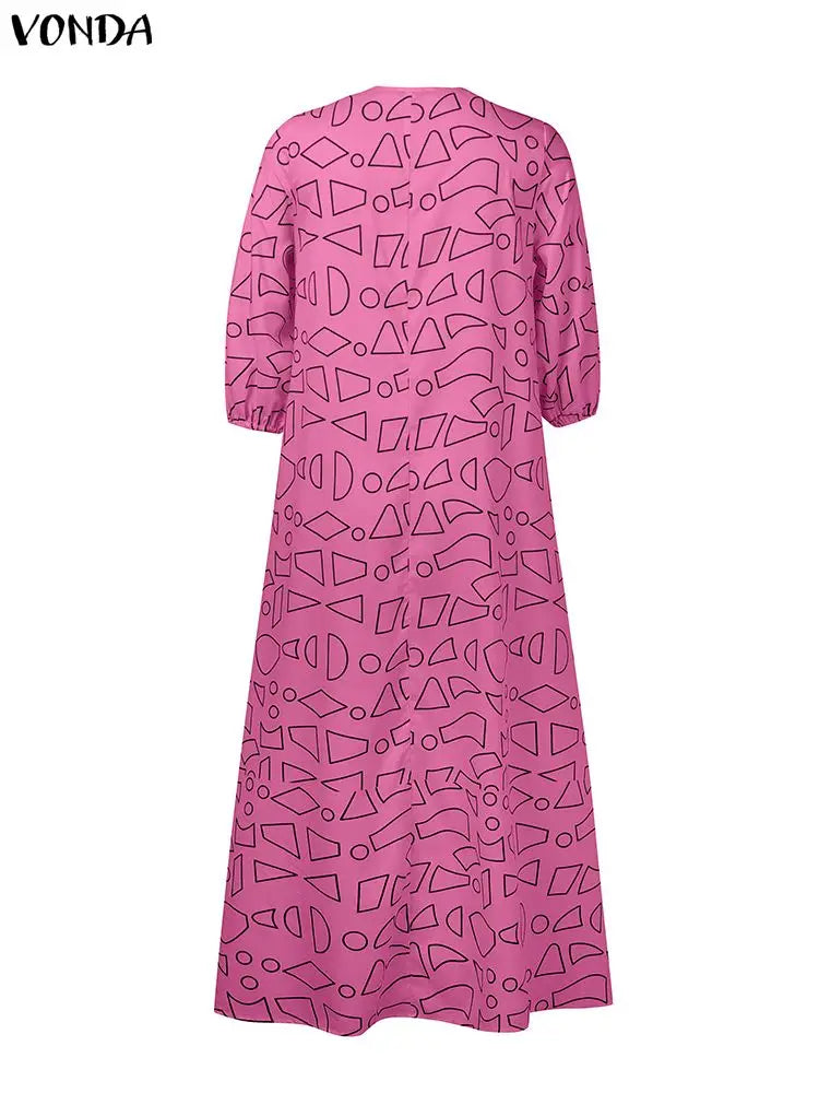 VONDA Plus Size Ruffled Women Bohemian Vestidos Autumn Long Maxi Robe Print Party Elegant 3/4 Sleeve Casual Loose Dress 5XL