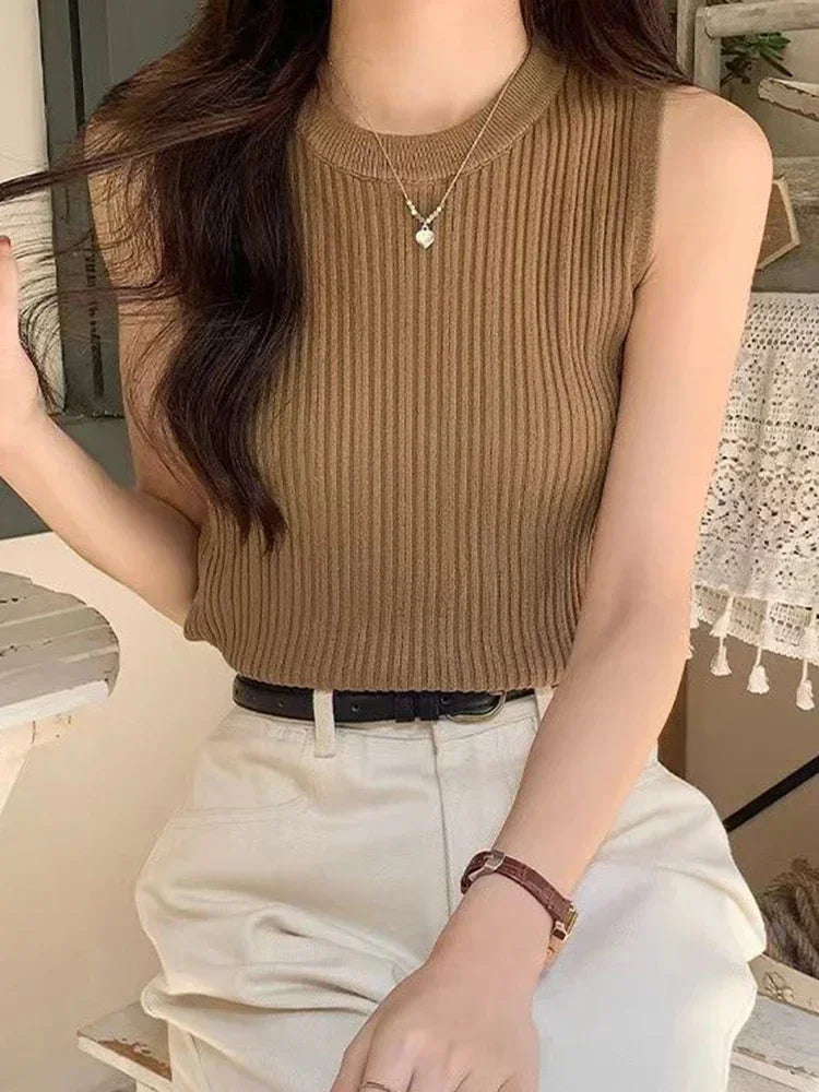 Sleeveless Blouse Shirt Women O-neck Rib Knit Vest Tank Plain Vest Tops Summer Female Basic Casual Tops Outfit