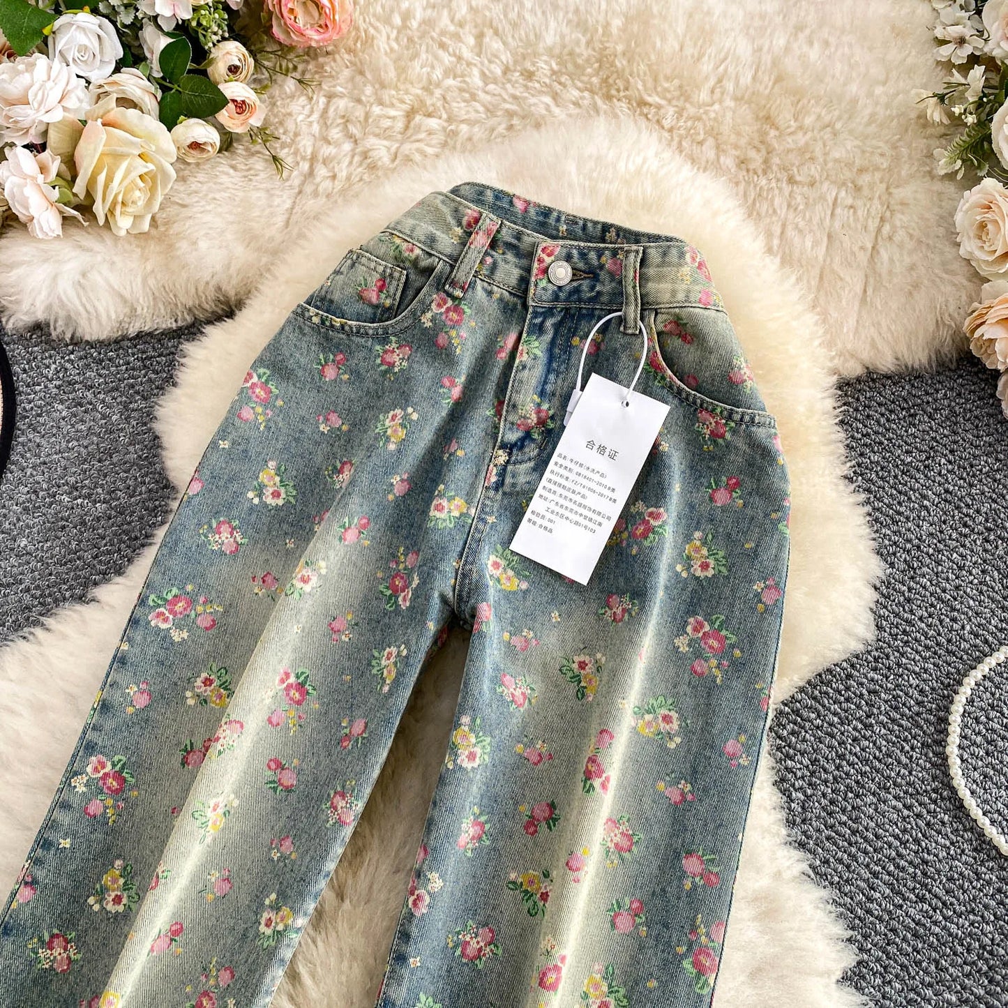 Women's Fashion Floral Print Denim Pants Colorful Flower Wide Leg Trousers Female Spring Autumn Versatile High Waist Blue Jeans