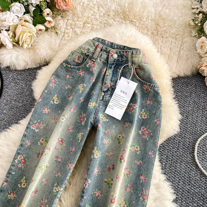 Women's Fashion Floral Print Denim Pants Colorful Flower Wide Leg Trousers Female Spring Autumn Versatile High Waist Blue Jeans