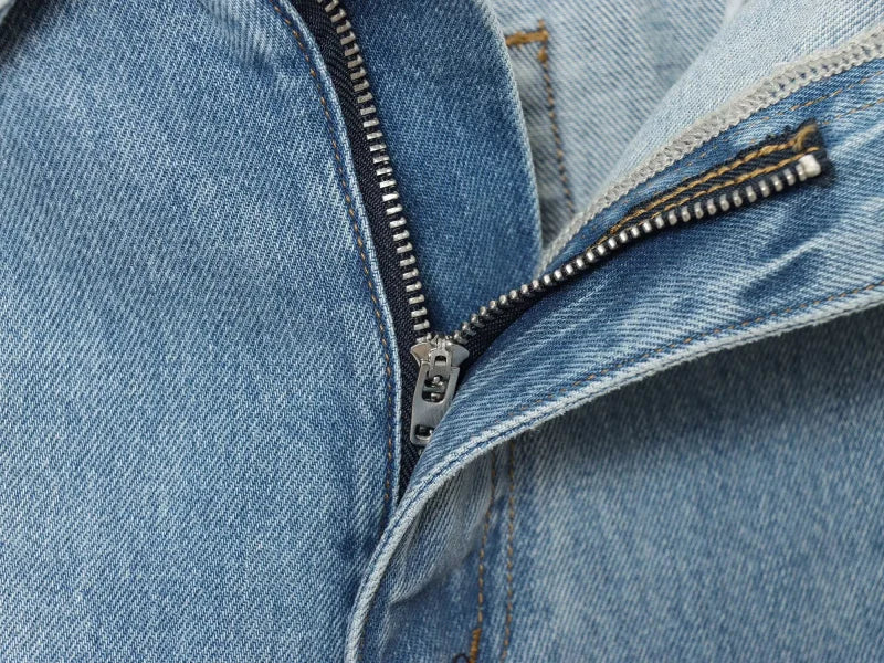 ETJ 2025 women's new street fashion fold waist mid waist washed ripped jeans loose version of the floor-length pants