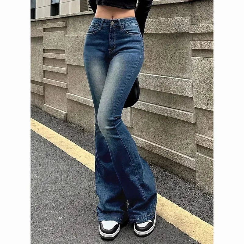 Women High Waist Flare Jeans Lady Fashion Comfortable Bootcut Denim Pants Female Slim Fit Bell Bottoms Retro Blue Nice Trousers