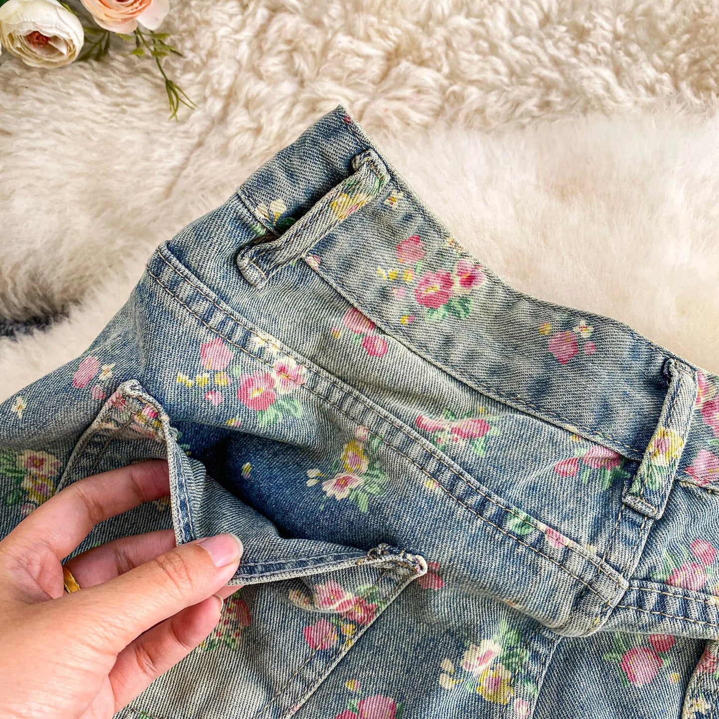 Women's Fashion Floral Print Denim Pants Colorful Flower Wide Leg Trousers Female Spring Autumn Versatile High Waist Blue Jeans