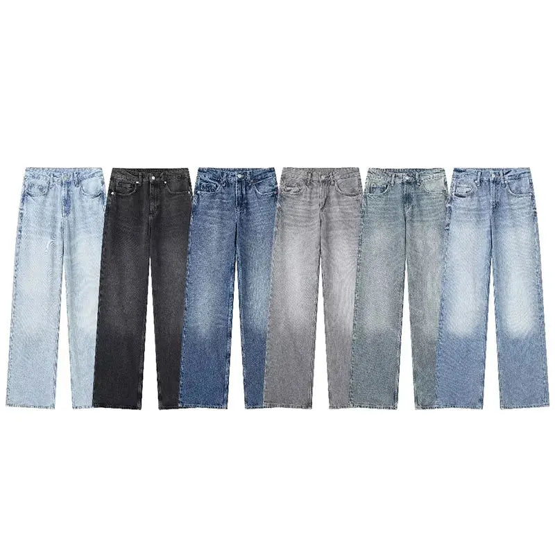HH Female Fashion Denim Jeans Loose Solid Long Pants With Gradient All Match Streetwear Mujer Casual Baggy Chic Trousers
