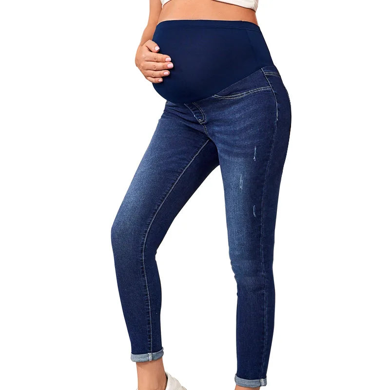 Maternity Women High Waist Support Belly Jeans Fall Pregnant Hip Lifting Elastic Denim Pants Daily Work Wear Streetwear Trousers