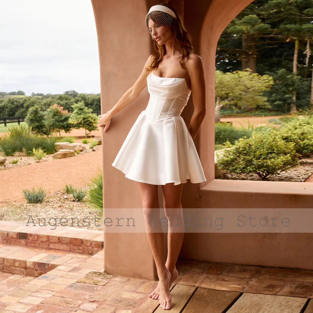Modern Women's Wedding Dresses Mini 2025 Satin A-line Bride Gowns for Women Ivory Strapless Ruched Pleat Wedding Party Dresses