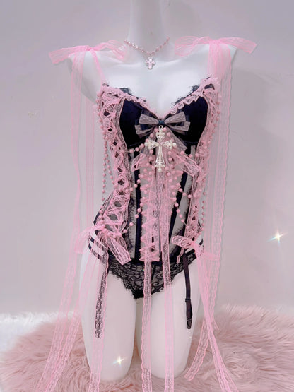 Cross Tank Tops Lace Tank Tops Pink crop top  gothic  tank tops  y2k tops y2k fashion LolitaTank TopsKawaii Tank Tops   bow tops