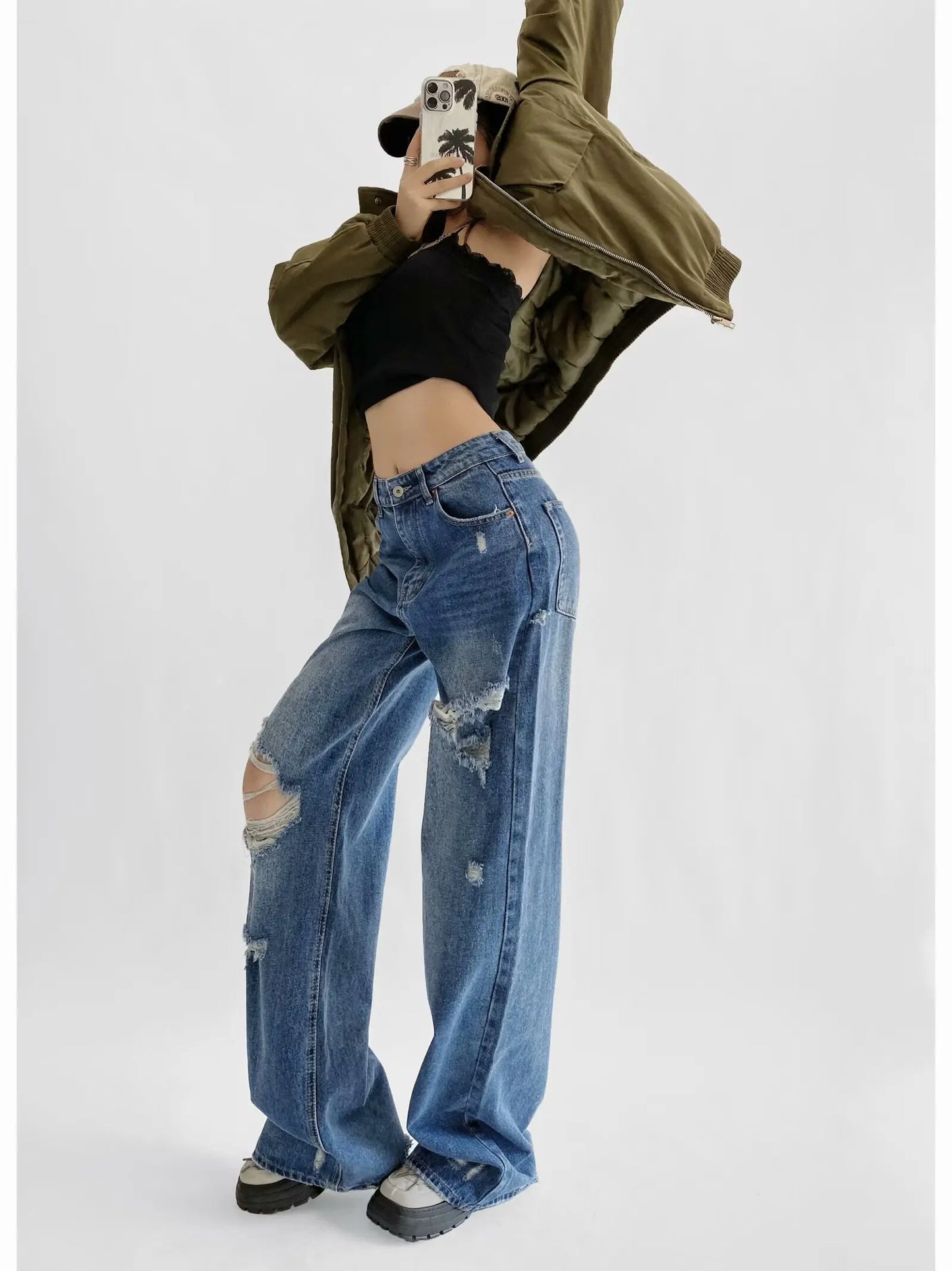 Women's Destroyed Jeans 2025 Spring Summer High Waist Loose Leg Floor-Length Distressed Denim Vintage Daily Staple