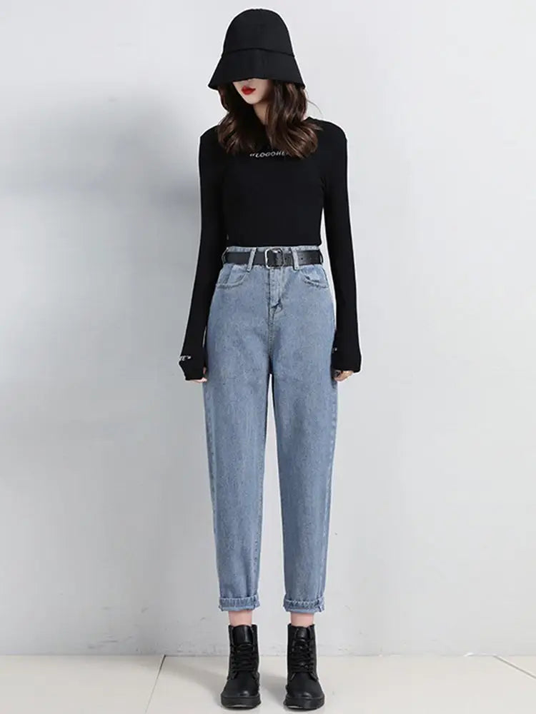 High Waist Jeans Women Classic Vintage Blue Gray Mom Jeans Straight Denim Trousers Womens Casual BF Harem Pants Jeans Femme