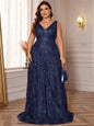 Plus Size Luxury Deep V-Neck Sequins Blue Evening Dress Women Elegant V-back Wedding Party Long Prom Cocktail Dresses