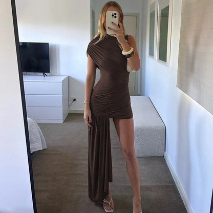 Irregular Draped Ruched Sexy Mini Dress For Women Turtleneck Sleeveless Pleated Slim Party Dress Female Holiday Beach Dresses