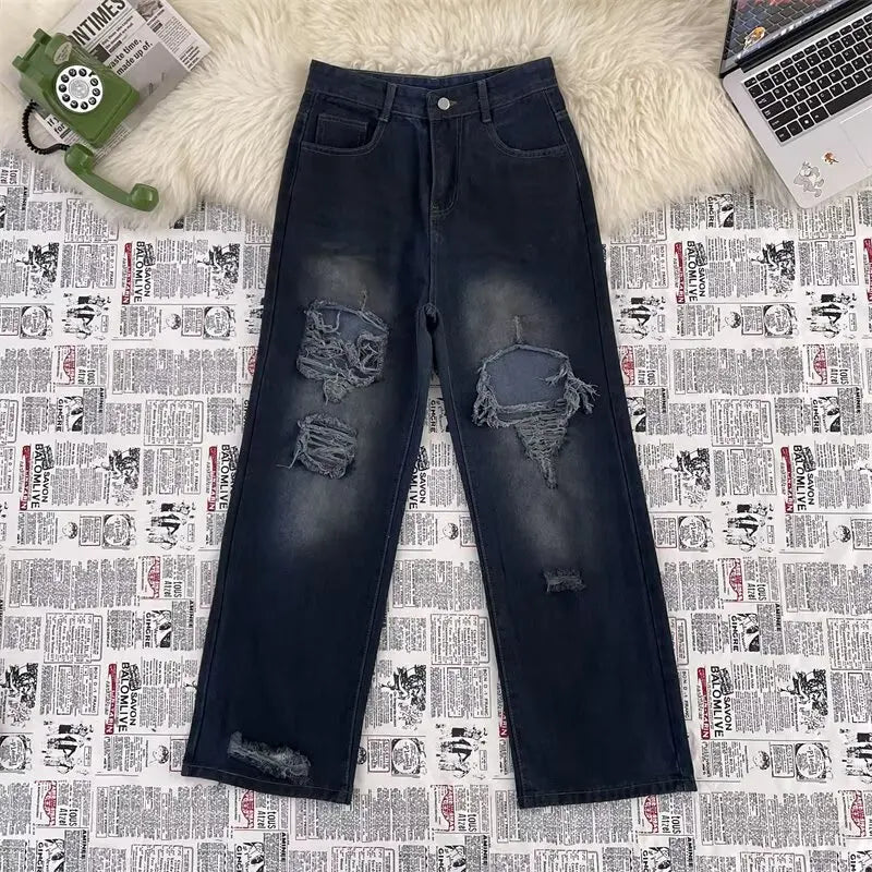 High Street Trendy Ripped Wide Leg Jeans for Women in Spring and Summer New High Waist Loose Fashion Floor Pants y2k Jeans Woman