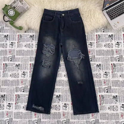 High Street Trendy Ripped Wide Leg Jeans for Women in Spring and Summer New High Waist Loose Fashion Floor Pants y2k Jeans Woman