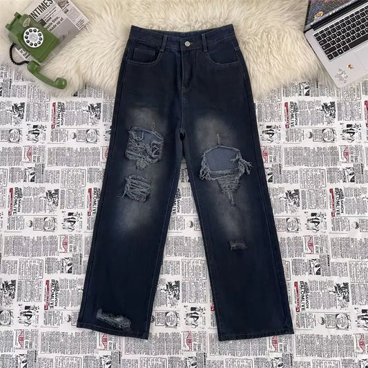 High Street Trendy Ripped Wide Leg Jeans for Women in Spring and Summer New High Waist Loose Fashion Floor Pants y2k Jeans Woman
