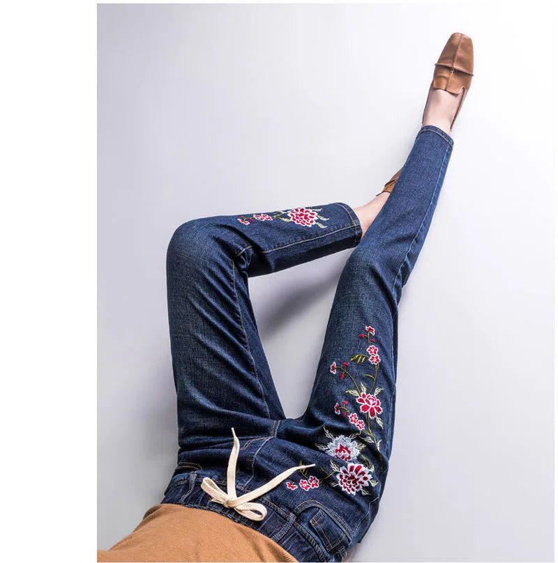 Brand Embroidery Jeans Womens Light Blue Elastic Waist Denim Pants High Waist Straight Leg Cropped Cut Jeans Spring Female