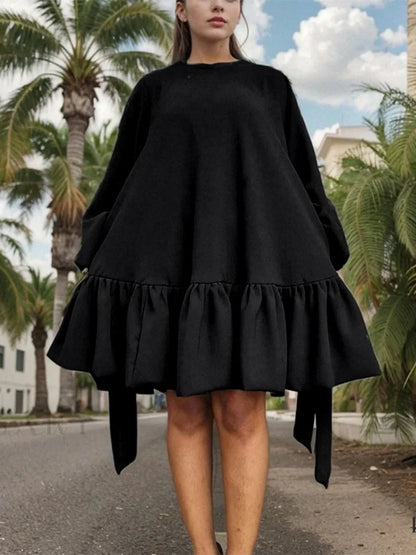 Simple Ruffles Hem Mini Dresses for Women 2026 Spring Loose Casual Stand Neck Lace Up Sleeve Solid Color Pullover Dress 184515