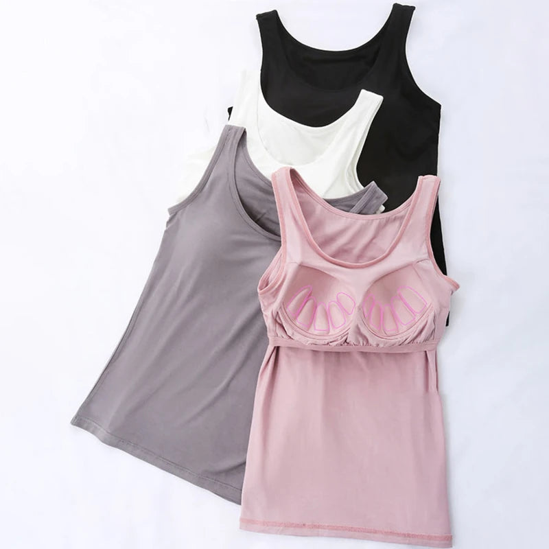 2023 Women's Vest Tops with Built In Bra Neck Vest Solid Color Padded Slim Fit Tank Tops Sexy Shirts Feminino Casual Tank Tops
