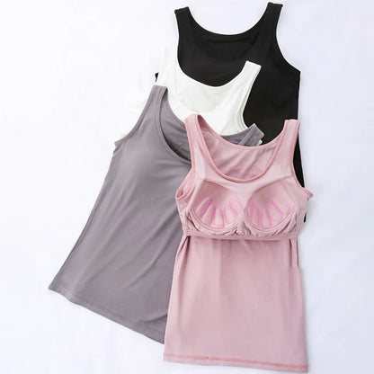 2023 Women's Vest Tops with Built In Bra Neck Vest Solid Color Padded Slim Fit Tank Tops Sexy Shirts Feminino Casual Tank Tops