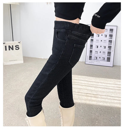 Women's Winter Jeans Fleece Warm Slim Pencil Trousers Elastic Waist Thicken Velvet Comfortable Mom Denim Pants Female