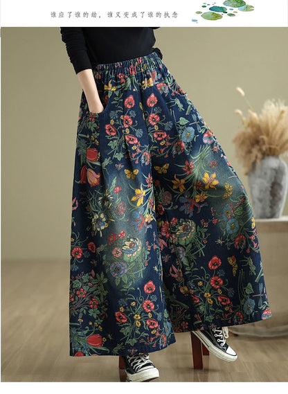 Jeans Flower Floral Print Autumn Wide Leg Pant Women Loose Pleated Fashion Ladies Oversized Trousers Elastic Waist Woman Pants