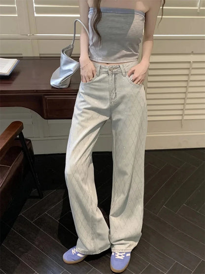 Fashion Women's Jeans High Waist One Side Plaid Shape Diamonds Wide Leg Denim Pants 2025 New Classic Straight Trousers
