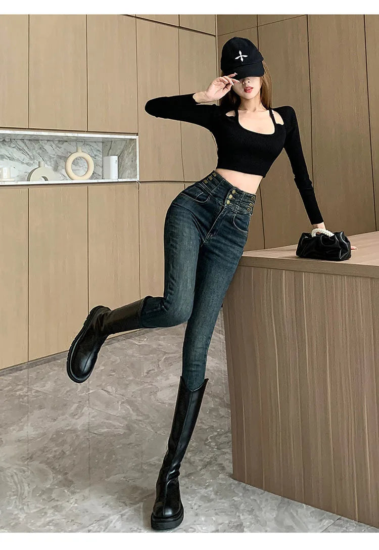 winter warm thick fleece woman's jeans with high waist jeans woman mom jeans women's jeans for women jean femme clothe black