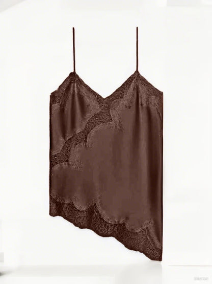 Summer Women Halter Top Satin Lace Spliced Tank Backless Deep Neck Sexy Vest Irregular Hem Vestidos 2025 Lady Vacation Sexy Tops