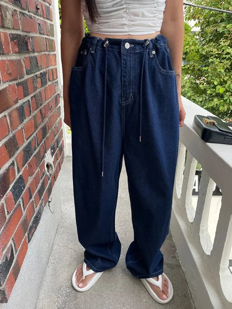 Korean Ins Retro Versatile High Waist Women's Straight Leg Jeans Summer New Fashion Loose Drawstring Design Women Wide Leg Jeans