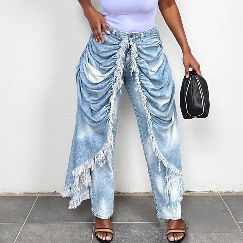 WTHT New Trendy Women Wrinkled Burr Edge Design Straight Jeans 2025 Winter Fashion High Waist Casual Denim Pants Female 1LS2770