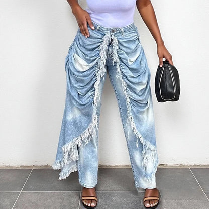 WTHT New Trendy Women Wrinkled Burr Edge Design Straight Jeans 2025 Winter Fashion High Waist Casual Denim Pants Female 1LS2770