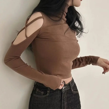 Tops Woman Slim Off Shoulder Sexy Crop Brown Long Sleeve T Shirt for Women Turtleneck Clothing Female Harajuku Fashion Korean