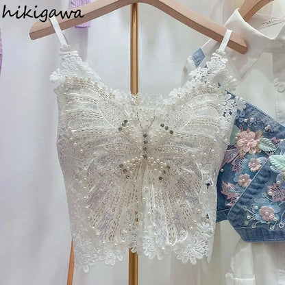 Women Clothing Heavy Beading Floral Tank Sexy Crop Tops Ropa Mujer Lace Butterfly Top Navel Baring Sexy Cropped Top Summer Camis