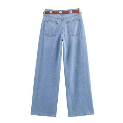 Women's European and American style layered denim vest top with belt high waisted straight leg jeans set