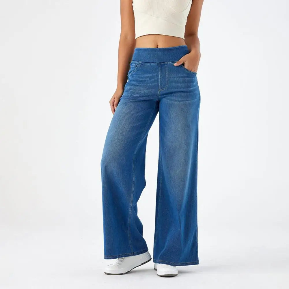 Women Jeans With Pockets Elastic High Waist Solid Color Full Length Pants Straight Wide Leg Trousers Sweatpant Daily Commuting