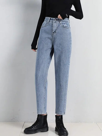 High Waist Jeans Women Classic Vintage Blue Gray Mom Jeans Straight Denim Trousers Womens Casual BF Harem Pants Jeans Femme