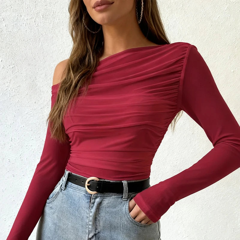 Autumn Winter Top Women 2025 Fall Fashion Off The Shoulder Long Sleeve Shirts Crop Tops Slim Fit Blouses Y2K Clothing Streetwear
